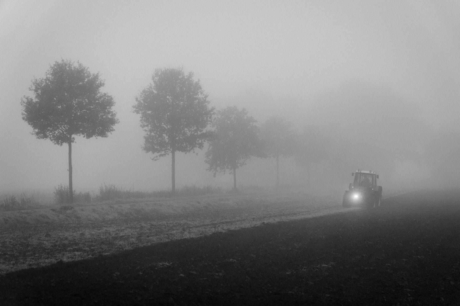 grayscale photo of a tractor near trees