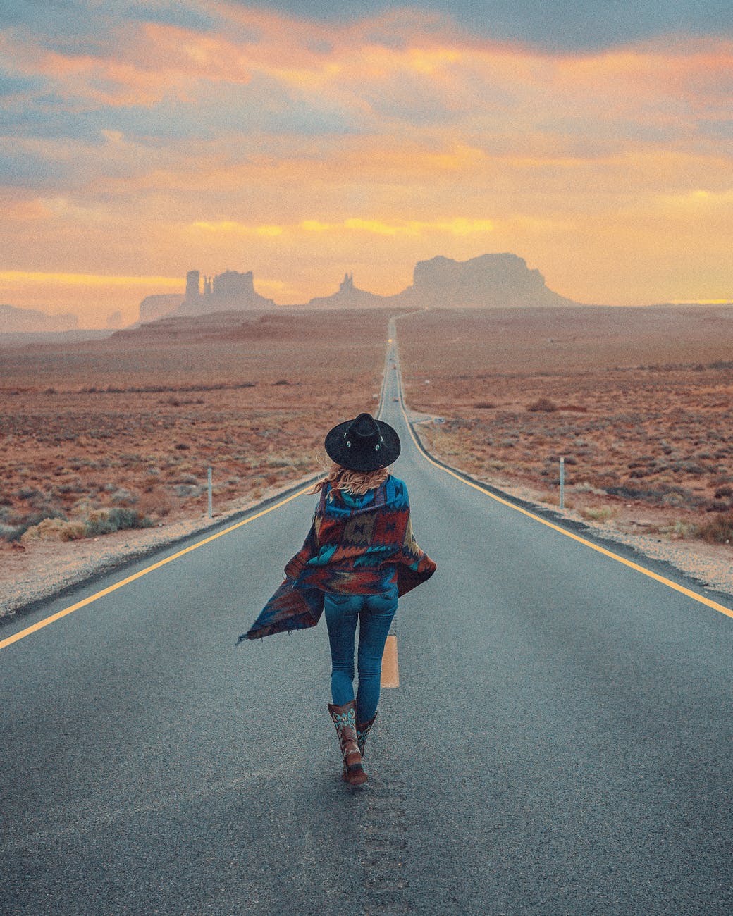 road sunset woman walking