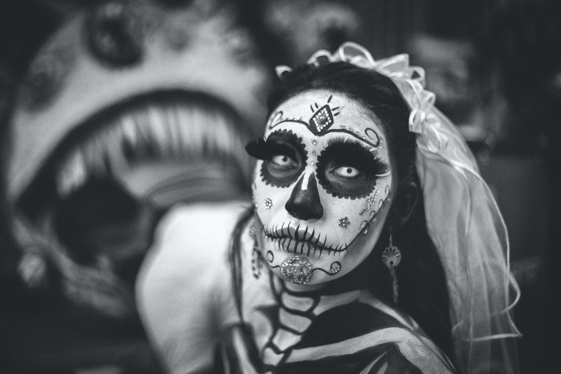 greyscale photo of day of the dead corpse bride