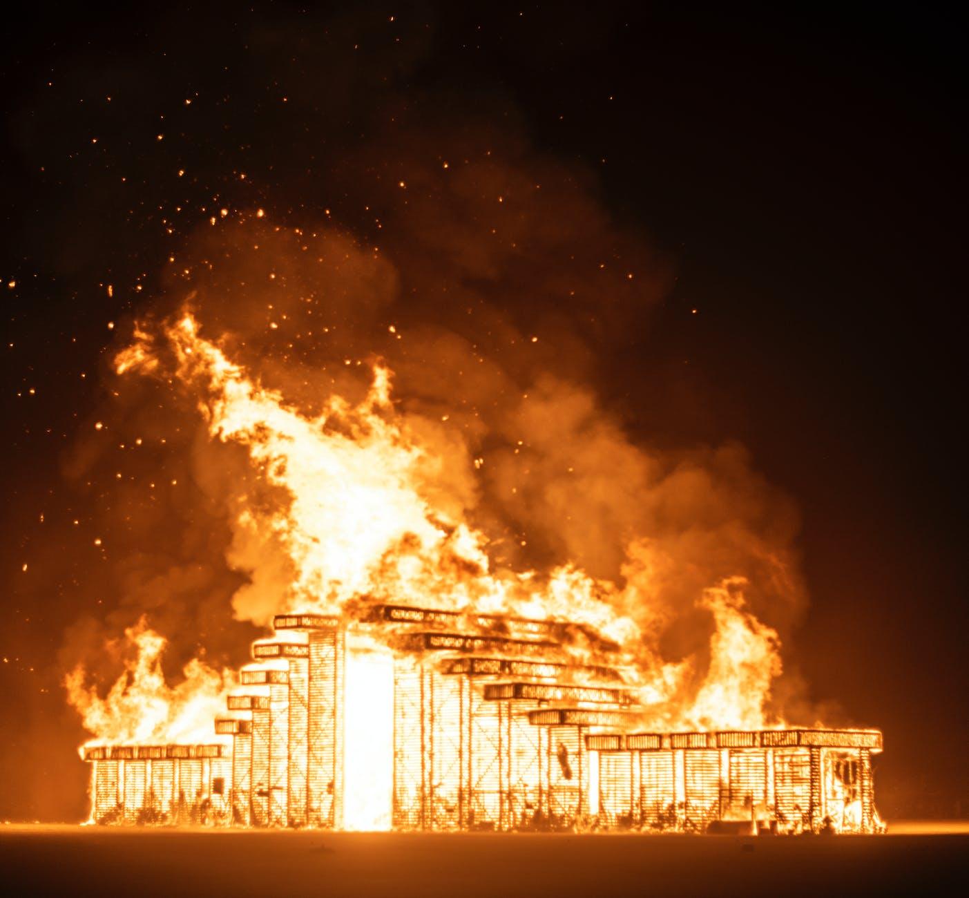 burning building at night