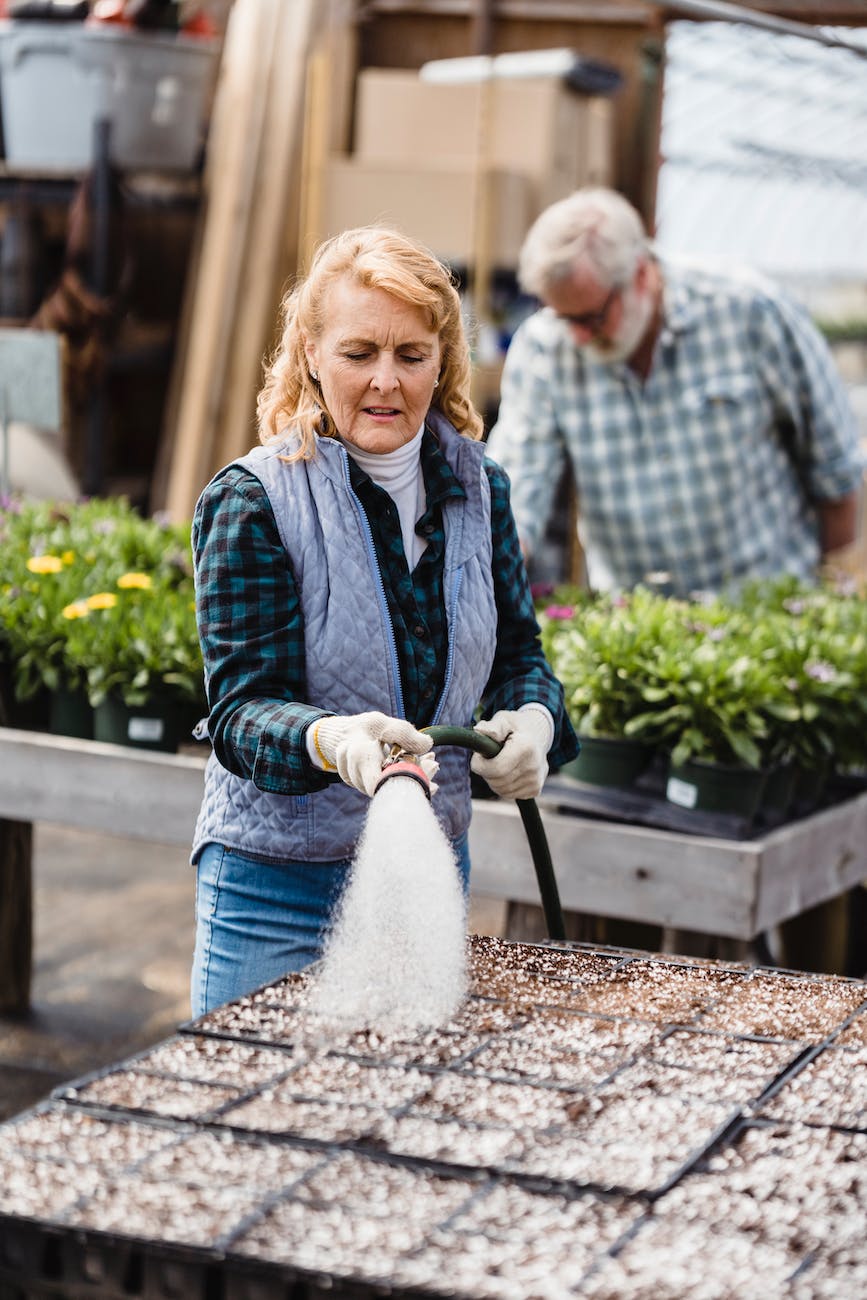 mature couple working with plants in garden