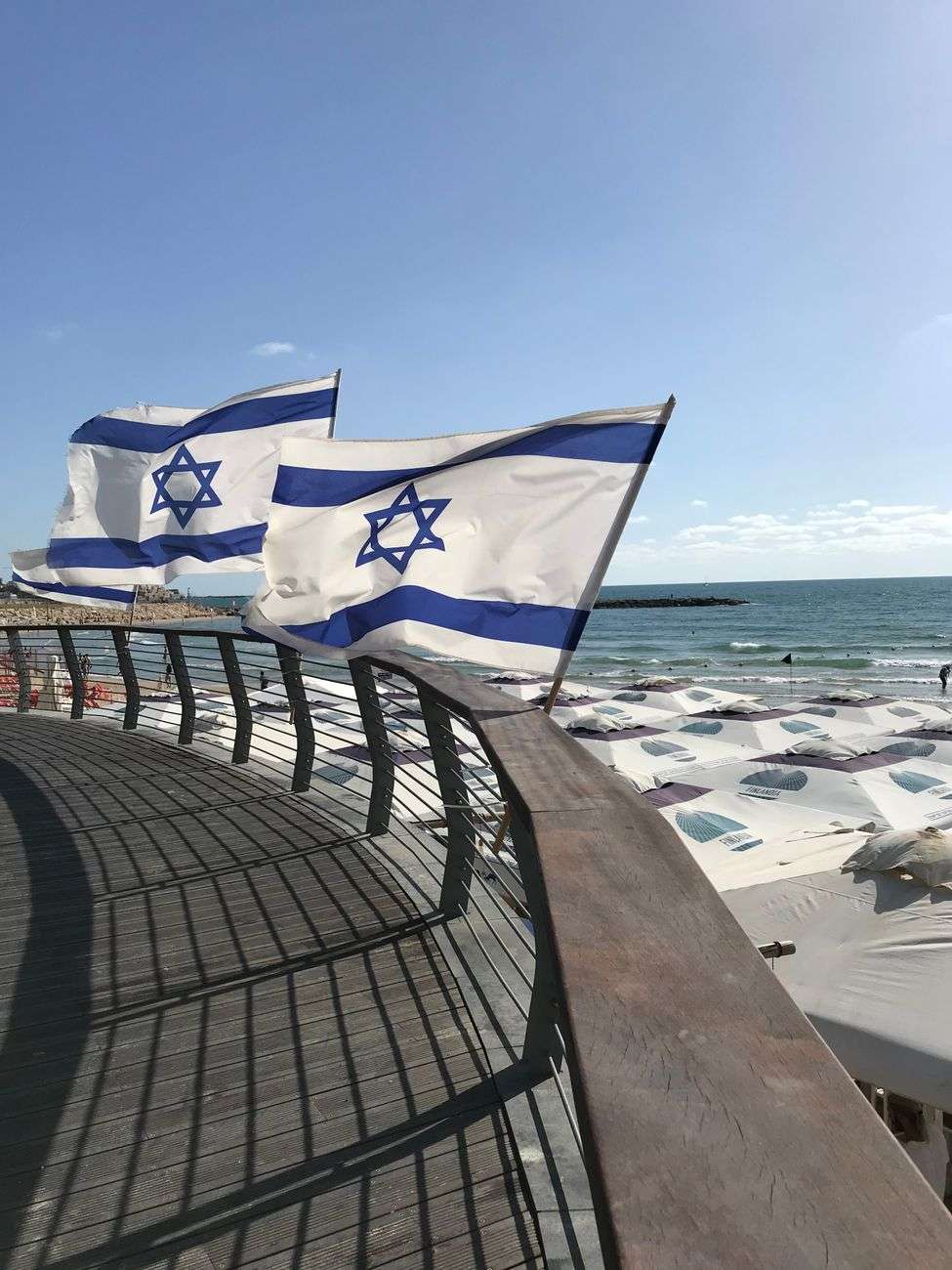 israeli flags waving by the tel aviv seashore