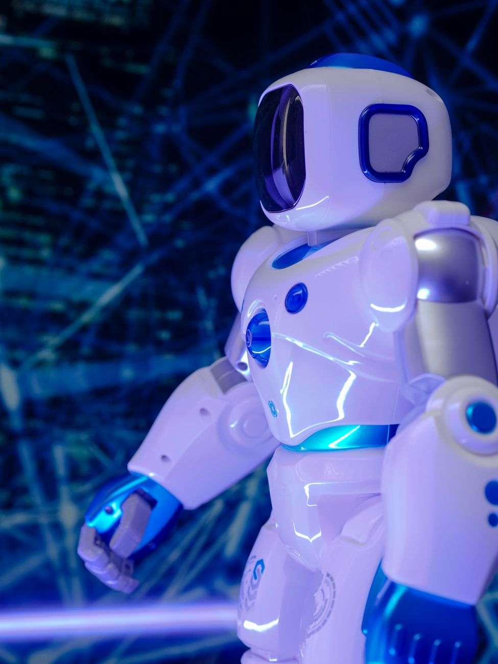 white and blue illuminated toy robot