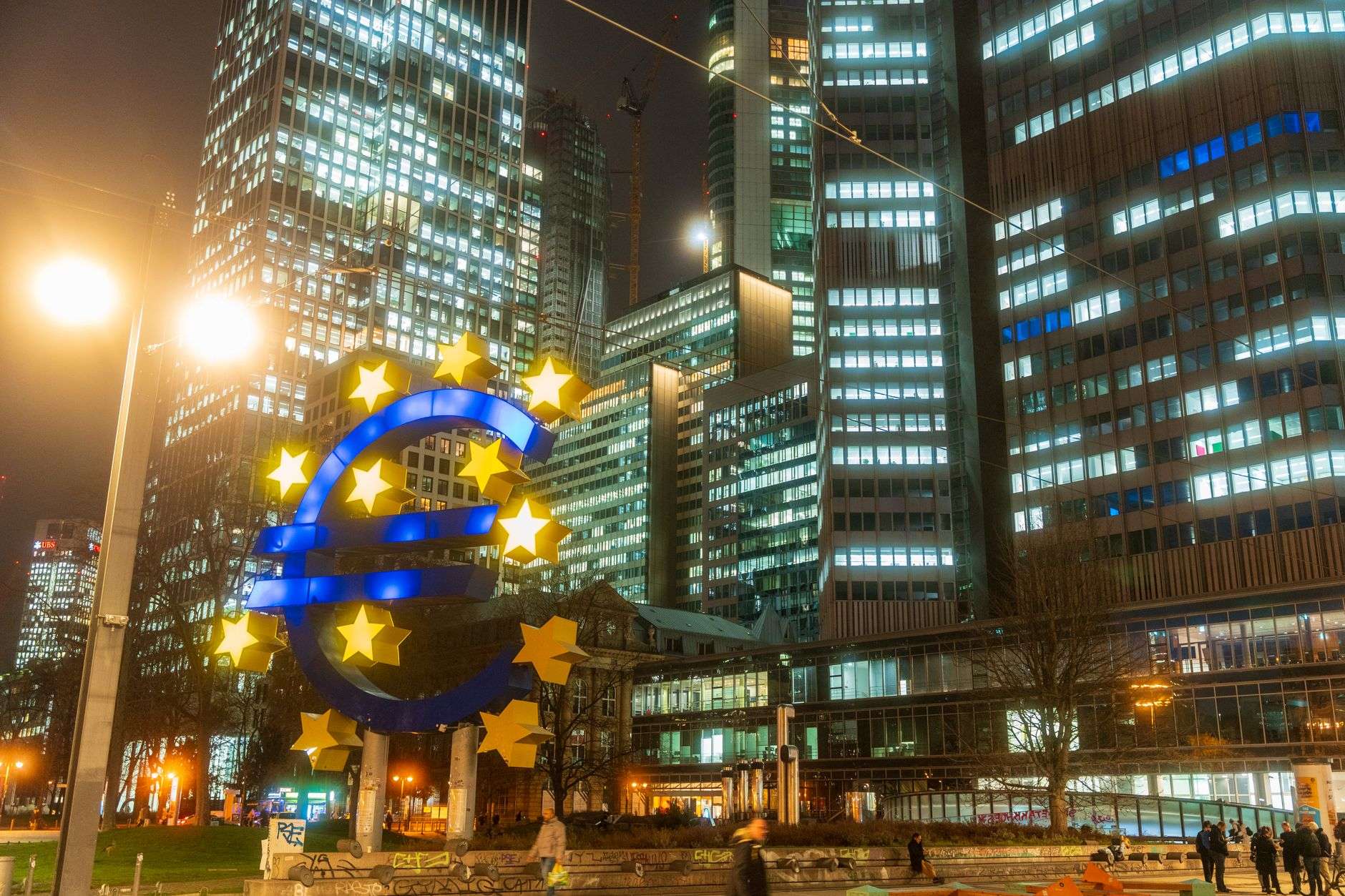 the european central bank at dusk frankfurt germany